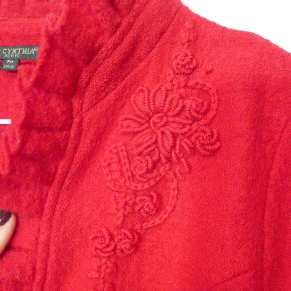 For Cynthia Boiled Wool Ruffle Embroidered Sweater Blazer - Red PM - Picture 3 of 8